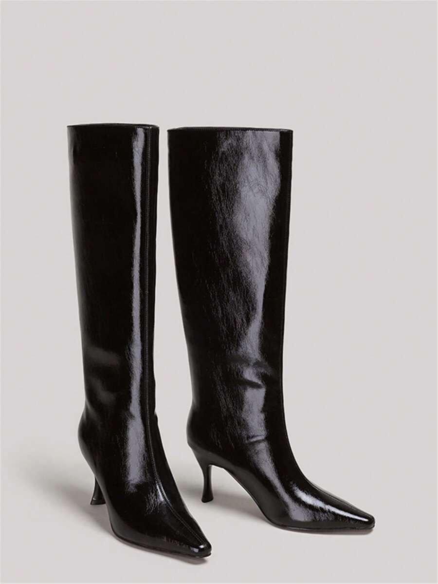 Damen Mode Herbst/Winter Spitze Elegante französische minimalistische Slip-On Stiletto Stiefel bis zur Mitte des Wades, erhältlich in Schwarz, Karamell und Weiß, vielseitig einsetzbar für den Arbeitsweg, Keilabsatz - Schwarz - Übersicht 1