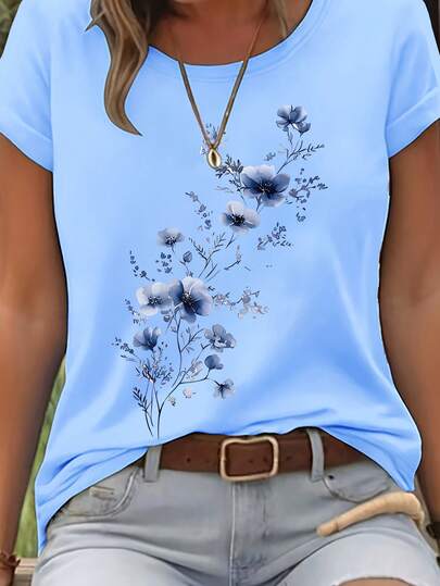 Women's Elegant Floral Print Round Neck Short Sleeve T-Shirt, White With Blue Flowers, Versatile Casual Tee For All Seasons