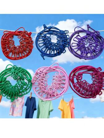 1 Piece Portable Travel Clothes Drying Rope With 12 Clips, Adjustable Elastic Outdoor Camping Telescopic Clothes Drying Rope With Clothes Drying Clips, Suitable For Travel Hotels, Outdoor Dormitories, Balconies, Indoor Hanging Clothes Ropes, No Need For Drilling