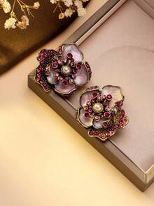 1 对女士复古花朵耳环，彩色水晶和珍珠镶嵌，夸张的花朵耳环，适合复古主题派对、欧美时尚服装、晚会和艺术展览，展现复古魅力 - 彩色 - 查看 2