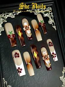 10pcs Glossy Y2K French Style Nail Stickers, Pink Nails, Red Nails, Light Blue Nails, Shiny Brown Nails, 3D Handmade Starfish & Shell Decor, 3D Hand-Painted Water Wave, Cherry, 3D Colorful Carved Flower Rectangle Acrylic Nails, Perfect For Bikini Beach Matching. - 摩卡棕 - 查看 1