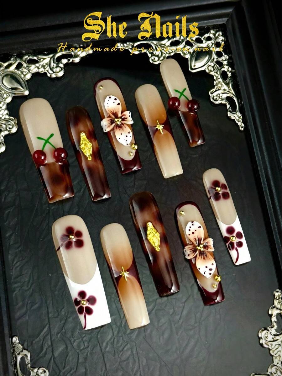 10pcs Glossy Y2K French Style Nail Stickers, Pink Nails, Red Nails, Light Blue Nails, Shiny Brown Nails, 3D Handmade Starfish & Shell Decor, 3D Hand-Painted Water Wave, Cherry, 3D Colorful Carved Flower Rectangle Acrylic Nails, Perfect For Bikini Beach Matching. - 摩卡棕 - 查看 1
