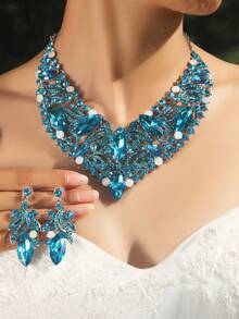 1 Set Luxury Green Necklace And Earrings Jewelry Set, Exaggerated Rhinestones Vintage Alloy Women Bridal Wedding Party Accessories - Peacock - View 13