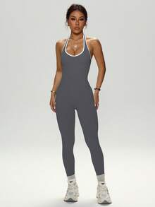 Women's Halter U-Neck Yoga Jumpsuit, Contrasting Color Hem High Elastic Backless Fitness Jumpsuit, Butt Lifting Tight Sportswear, Universal Training Clothing For All Seasons - 灰色 - 查看 4