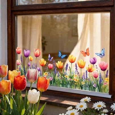 1 stuk raamsticker met lentebloemen, vinyl muursticker met wilde bloemen en vlinders, raamdecoratie voor de lente, doe-het-zelf muurdecoratie, lentefeest