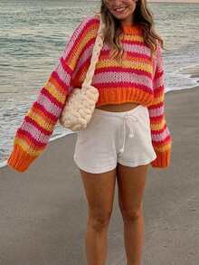 Women's Fashionable Color Block Long Sleeve Contrast Striped Christmas Crew Neck Drop Shoulder Pullover Oversize Top Knit Fall Winter Sweater - Multicolor - View 4