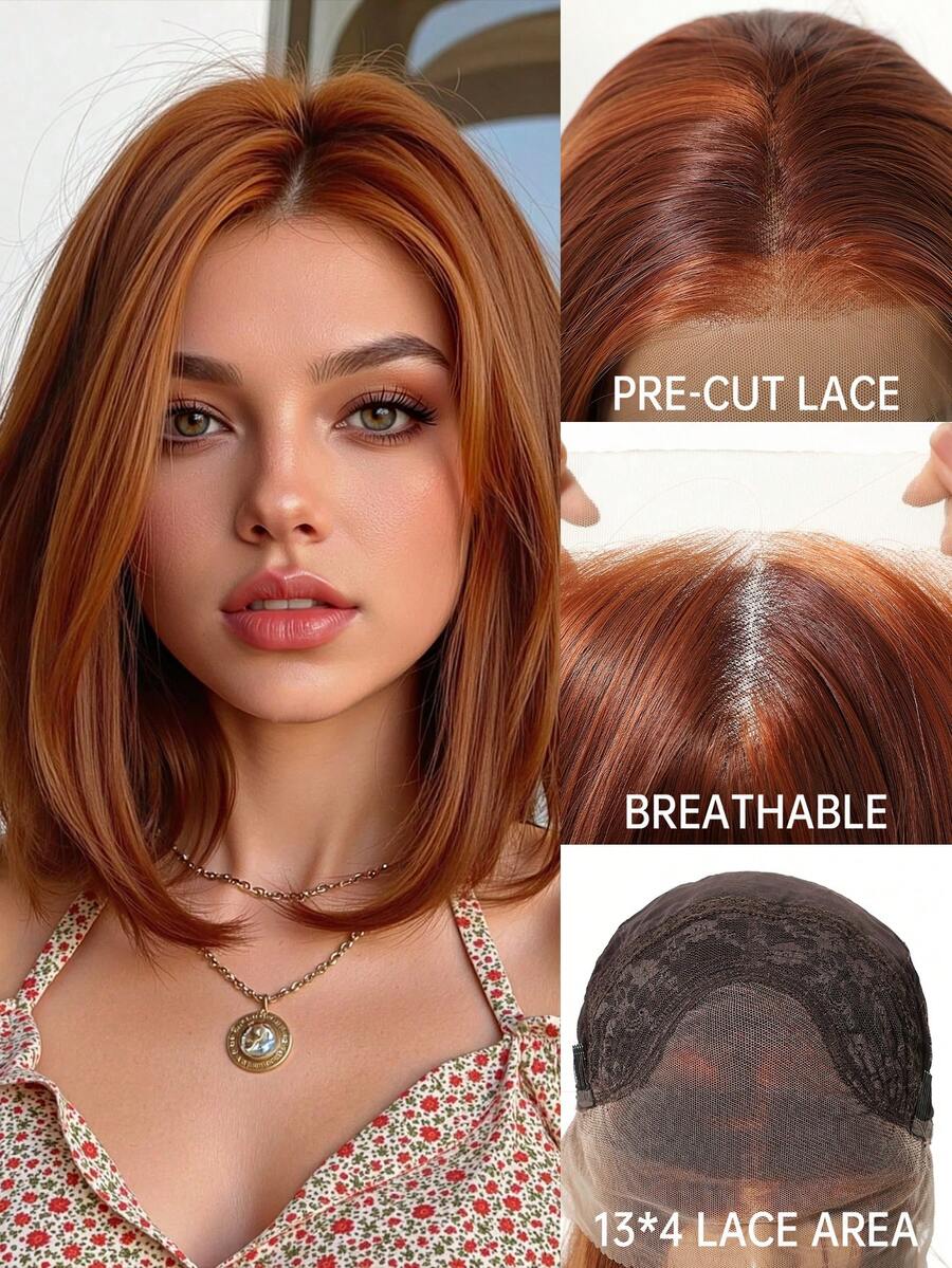 [Velvet Locks]New 13*4 Glueless Front Lace 13 Inch Burgundy Short Straight Wig, Fashionable Women No Bangs, Pre-Trimmed, Heat-Resistant Synthetic Hair, Soft And Smooth, Suitable For Beginners Daily Wear, Y2K Style, Party, Cosplay, Dance, Travel, Festival - 酒紅色 - 查看 1