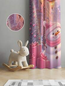 2件套圣诞主题磨毛数码印花窗帘，粉色圣诞雪人吊坠营造圣诞氛围，杆袋式安装，半透明涤纶面料 - 彩色 - 查看 5