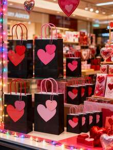 24个情人节心形礼品袋，带提手和心形标签，红色和粉色纸质礼品袋，适用于情人节、周年纪念日、婚礼和其他场合。（3个装 = 1个礼品袋 + 1根绳子 + 1张卡片） - 彩色 - 查看 1