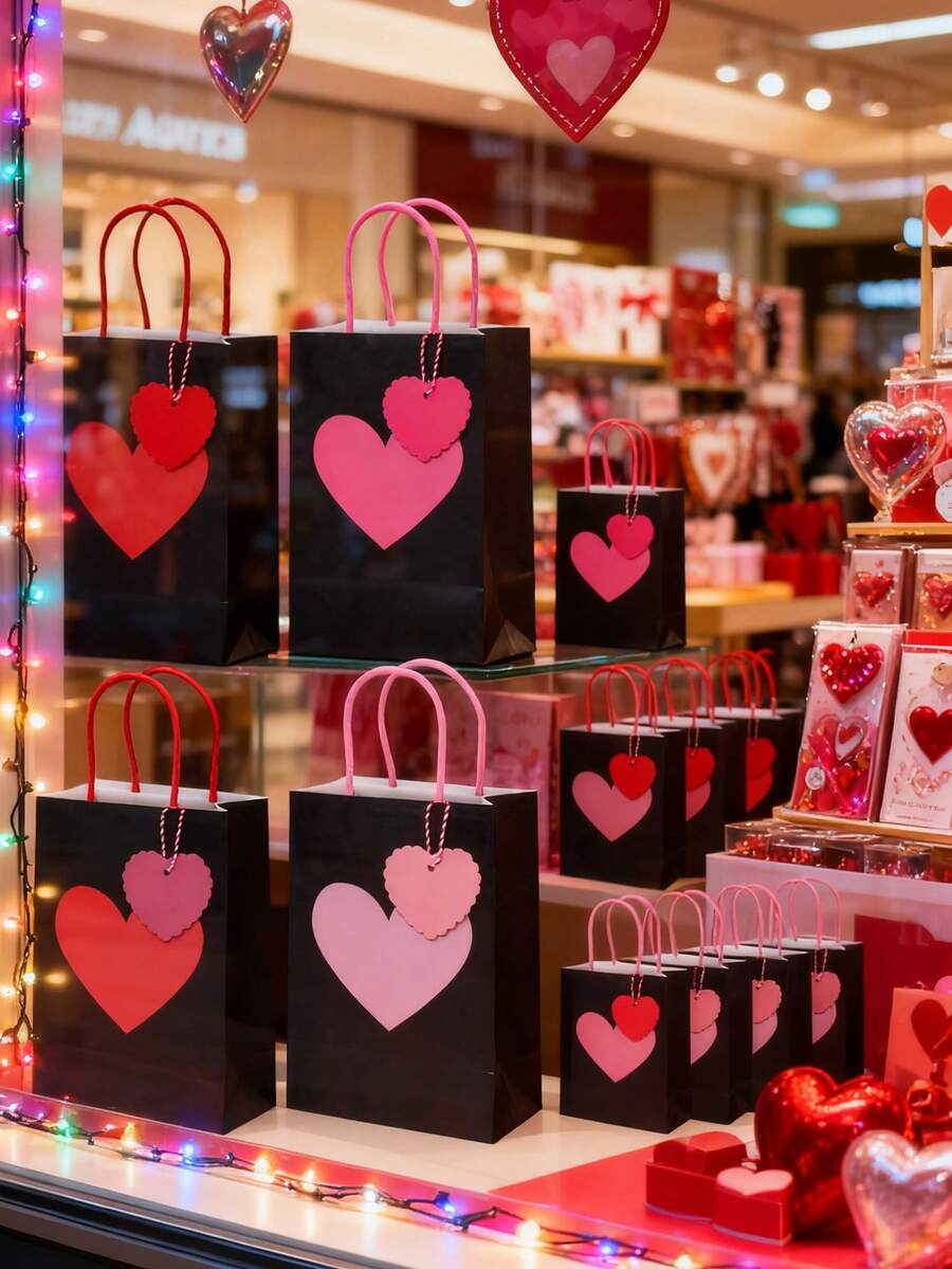 24个情人节心形礼品袋，带提手和心形标签，红色和粉色纸质礼品袋，适用于情人节、周年纪念日、婚礼和其他场合。（3个装 = 1个礼品袋 + 1根绳子 + 1张卡片） - 彩色 - 查看 1