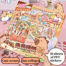 101片迷你贴纸盒，包含50张场景纸板+50张PET贴纸和1个镊子（颜色随机），水豚系列，自制剪贴簿贴纸，各种风格的DIY装饰贴纸，适用于装饰贴纸、缓解压力、放松身心、送给好朋友的礼物、DIY 3D迷你风景放松自粘手工制品、圣诞节、生日礼物。
