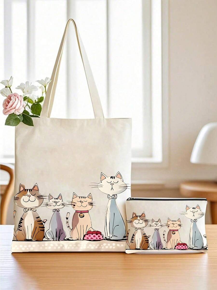 Bộ 2 túi tote gấp gọn dung tích lớn, in hình mèo dễ thương - Chất liệu polyester nhẹ, phù hợp cho du lịch, đi làm và mua sắm - Túi xách nữ thời trang có quai xách, túi tote du lịch. - Màu be - Xem 1