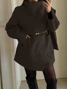 Women's Autumn/Winter Fashion Simple Solid Color Lapel Patchwork Pocket Woolen Coat, Belt Not Included - Coffee Brown - View 6