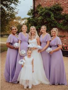 Elegant V-Neck Ruffle Butterfly Sleeve Purple Bridesmaid Dress, Wedding Guest Dress, Spring Semi-Formal Dress For Wedding, Birthday Party, Graduation, Valentine's Day - Lilac Purple - View 7