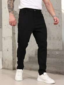 Nuevo 2025, pantalones vaqueros ajustados elásticos para hombres, jóvenes, negros, azules, azules claros, cintura media, tubos rectos, ocio diario, comodidad, adecuados para todas las estaciones - Negro - Ver 3