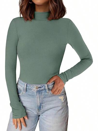 Camisas de manga larga para mujer, cuello alto, camisetas básicas acanaladas, ajustadas, con capas térmicas, moda 2025