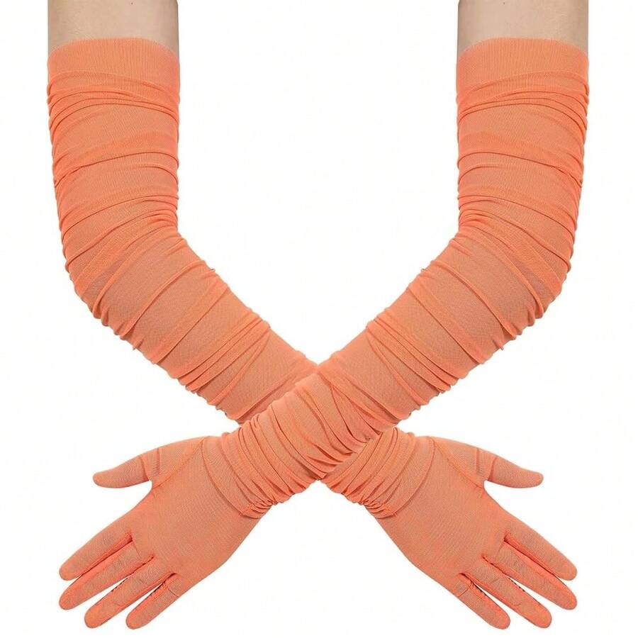 Hazhlko Women's Super Long Stretchy Ruched Mesh Tulle Sheer Gloves Costume Opera Party 1920's Dance Gloves{"Color_name":"RustRed"} - 銹紅 - 查看 1