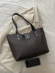 Bolso de mano grande con estampado de letras, bolso de hombro acolchado en forma de Y para mujeres, para ir al trabajo - Café - Ver 7