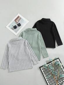 3pcs/Set Boys' Casual Solid Color Turtleneck Long Sleeve Tops, Regular Fit, Spring & Autumn - Mint Green - View 2