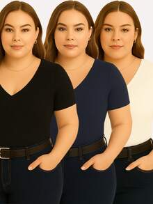 Kit With 3 Basic Women's Plus Size V-Neck Blouses - Black/navy Blue/off - View 1
