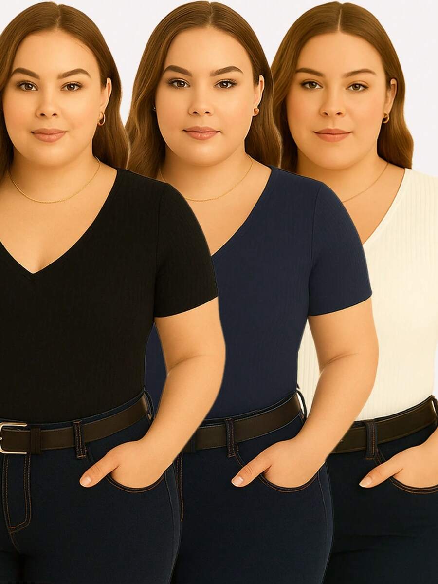 Kit With 3 Basic Women's Plus Size V-Neck Blouses - Black/navy Blue/off - View 1