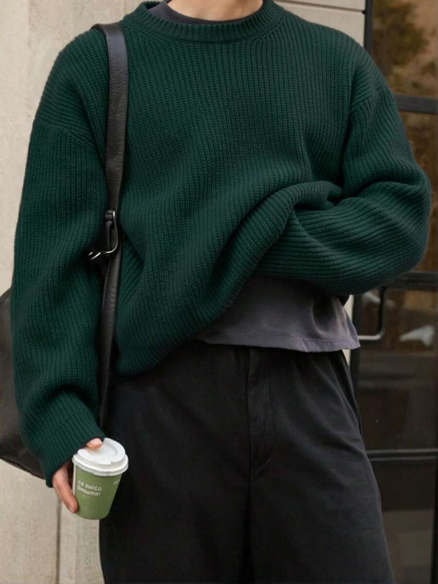 Jersey de punto texturizado casual y ligero, diseño minimalista, corte holgado con cuello redondo, apto para otoño/invierno, unisex - Verde Oscuro - Ver 1