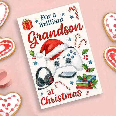 Cartão de Natal personalizado com tema de jogos para neto, com controle de videogame festivo e chapéu de Papai Noel - "Para um neto brilhante no Natal", saudação de Natal com bastões de doces, frutas vermelhas e design de presentes embrulhados