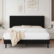 Twin Bed Frame, Velvet Upholstered Platform Bed With Vertical Channel Tufted Headboard And Footboard, Pink/ White/ Green/ Black/ Blue, Full Bed Frame/ Queen Bed Frame/ King Bed Frame ﻿ - 黑色 - 查看 15