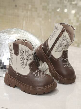 1 Pair Baby/Toddler/Kids Embroidered Western Style Comfortable Lightweight Flat Boots, Suitable For Daily & Outdoor Wear, Autumn/Winter