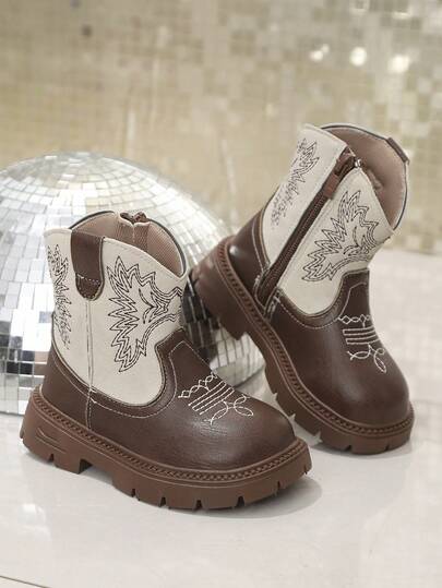 1 par de botas planas cómodas y ligeras con bordados en estilo occidental para bebés/niños pequeños/niños, adecuadas para uso diario y al aire libre, otoño/invierno