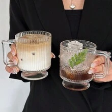 1 pieza Taza de vidrio corta con asa de estilo coreano de 260ml, taza de café con leche con rayas verticales minimalistas, taza para bebidas frías, taza para helado, taza para leche - transparente - Ver 6