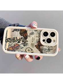 Una funda de TPU con estampado de periódico vintage que presenta una mariposa animal blanca antigua de bambú alto, diseñada para una protección completa y ajuste preciso para los modelos de Apple 6/7/8/X/Xs/Xr/Xs Max/11/12/13/14/15/16 Pro Max. Funda con impresión HD - Blanco antiguo - Ver 3