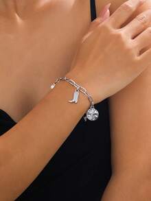 2 Juegos, Collar de cadena de perlas asimétrico vintage, Colgante de sombrero y botas vaqueras, Pulsera de estilo occidental