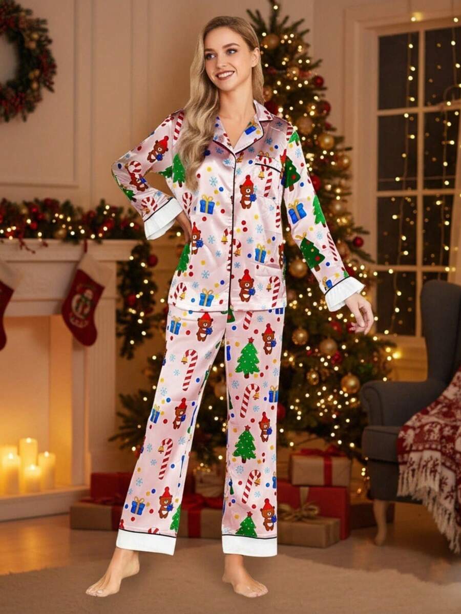 Christmas Pajama Set Women's Long Sleeve Satin Silk Sleepwear ...