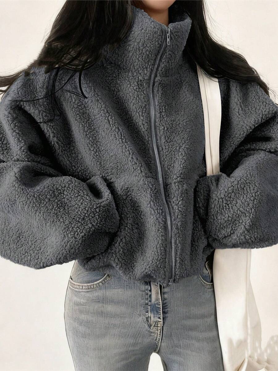 女士优雅拉链羊毛短外套，时尚纯色泰迪熊外套，春秋新款，休闲宽松长袖大衣，女士街头风外套，派对装扮，情人节情侣装，春季服饰