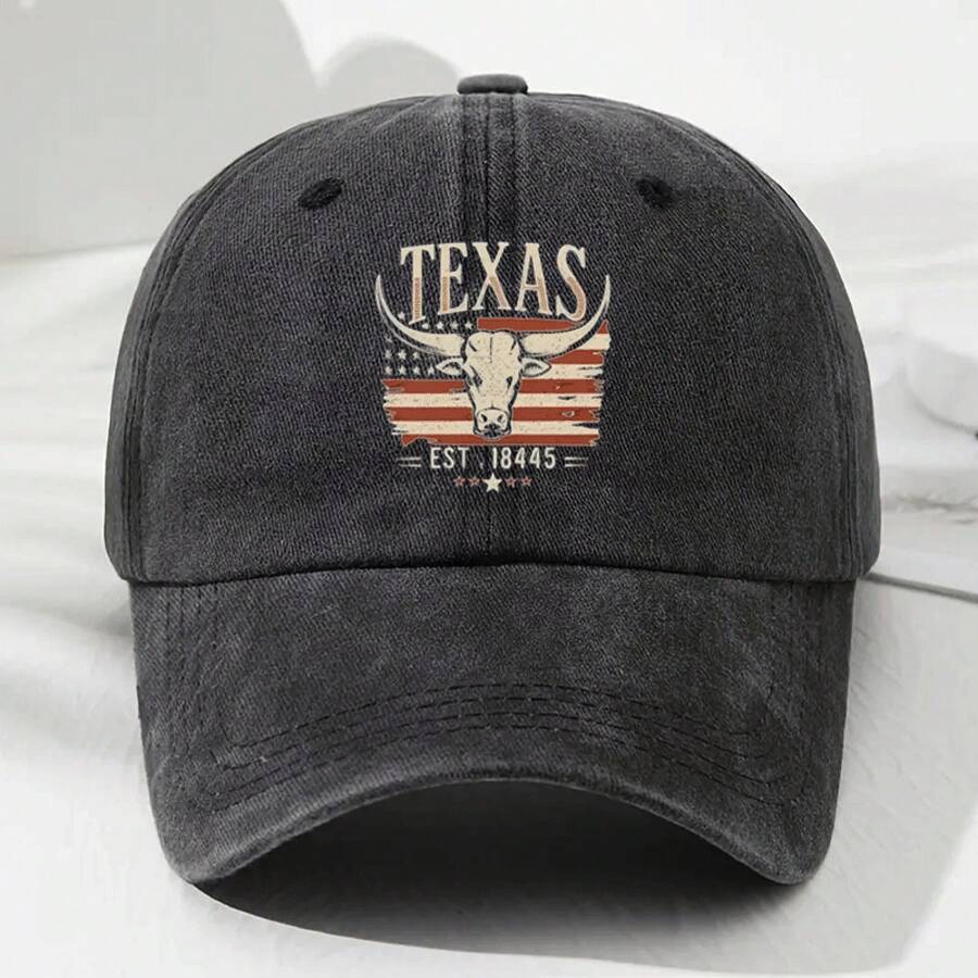 Vintage Texas Baseball Cap With Bold "TEXAS" Print, American Flag & Longhorn Design - Adjustable Unisex Lightweight Breathable Hat For Outdoor Activities, Casual Wear (Est.1845), Travel Accessory, Retro Style, Durable Construction, Sports Fans - 黑色 - 查看 1