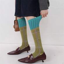 1 Pair Retro American Preppy Style Knee,High Socks, Colorblock Houndstooth & Plaid Pattern, Suitable For Early Autumn, Cozy Socks - Multicolor - View 13