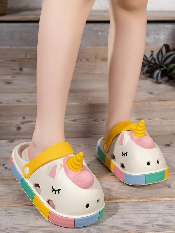 Kids' Cartoon Unicorn Wooden Clogs, Non-Slip Breathable Beach/Pool/Garden Shoes, Cute Indoor/Outdoor Slippers
