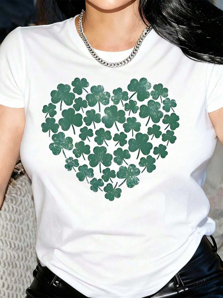 Women's T-Shirt Heart Shape Clover Pattern Print Design Heart Shape Clover Pattern Print Design - White - View 1