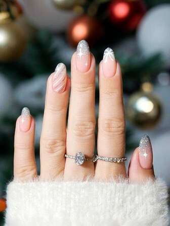 24片杏仁形美甲贴纸，欧美风格渐变闪光粉色条纹圣诞美甲，简约甜美，可重复使用，适合女性和女孩在节日、日常生活、派对和聚会中使用。