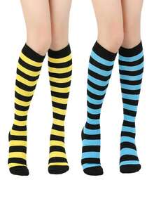 1 Pair Women's Striped Knee-High Socks, Striped Socks For Cosplay, European And American Sports & Casual Style, Calf Socks - Multicolor - View 3