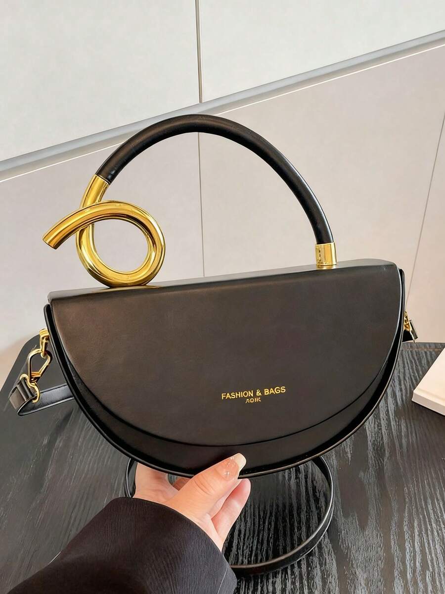 Niche Design Women's Handbag, Fashionable Retro High-Quality Textured Messenger Bag, Solid Color Versatile Underarm Saddle Bag, For Travel, Commuting - Black - View 1