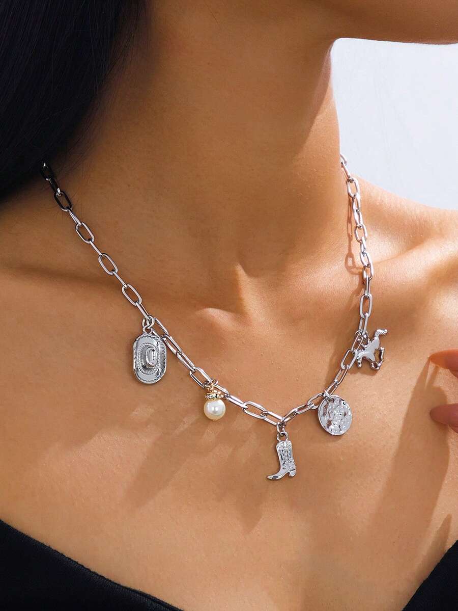 2 Juegos, Collar de cadena de perlas asimétrico vintage, Colgante de sombrero y botas vaqueras, Pulsera de estilo occidental