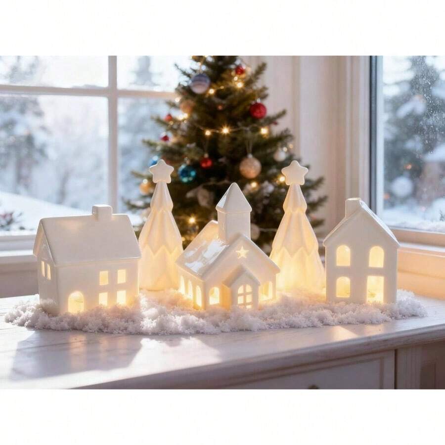Village Sets - Ceramic Decorations 5Pcs - Porcelain Farmhouse Village, 3 Lighted House Figurines And 2 Pine Trees, Tabletop Xmas Decor Home, Winter Holiday Display