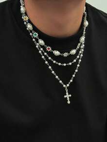 Set de 2 collares con colgante de cruz y flor de perlas falsas estilo hip-hop para hombres, collar gargantilla de moda de alta gama y personalizado, adecuado para universidad, fiesta, reunión, combinado con suéter, chaqueta de cuero en otoño/invierno - 06839 - Ver 6