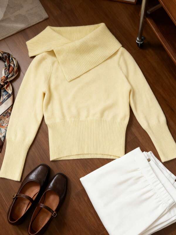 Suéter de mujer de manga larga con cuello asimétrico de unicolor elegante, blusa de otoño/invierno para dama, ropa de invierno para mujer, tejido de otoño, atuendo casual de negocios