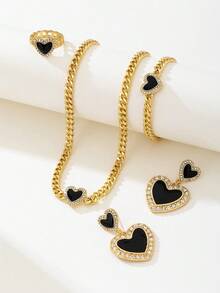 Bộ 3 chiếc/Bộ dây chuyền, vòng tay, nhẫn mặt đá pha lê hình trái tim bằng kim loại vàng thời trang & thanh lịch, phù hợp cho trang phục hàng ngày, tiệc tùng, ngày lễ và làm quà tặng cho phụ nữ - màu đen - Xem 5