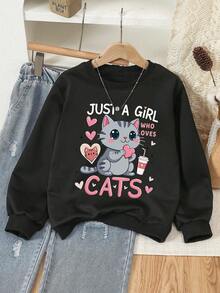 1 Stück Teenager Mädchen Süßer Katzen Muster Leichtgewicht Sweatshirt mit Langen Ärmeln, Weicher Stoff Sommer-Herbst Lässig Kleidung
