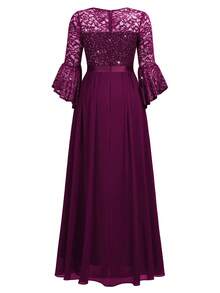 MIUSOL Sequin Floral Lace Flare Sleeve Contrast Chiffon Ruched Hem Formal Party Maxi Dress Wedding Guest Dress Evening Dress - Maroon - View 8