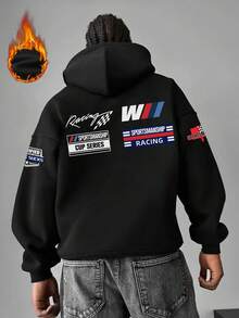 Men's Hoodie With Racing Culture Graphic Print, Thermal Lined Pocket, Autumn/Winter - Black - View 2